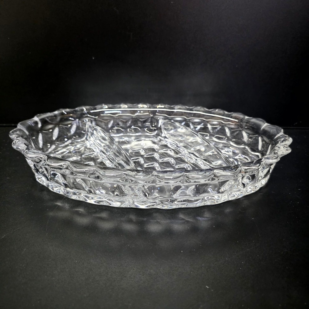 Divided Relish Dish Clear Glass Oval Scalloped 3 Section Serving Tray Vintage
